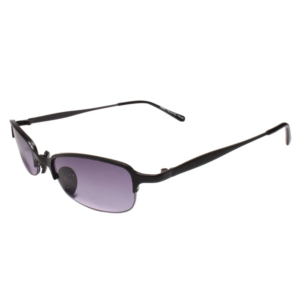Mens Retro Vintage Narrow Rectangular Semi Rimless Metal Black Sunglasses